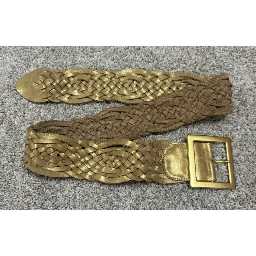 Caché Made in USA Braided Soft Leather Wide Statement Metallic Gold Belt Sz S